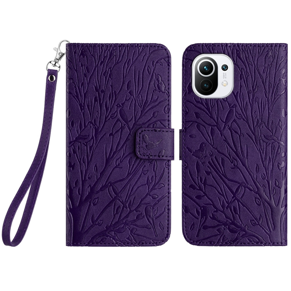 For Xiaomi 11 Lite Embossed Leather Phone Case with Tree Birds Pattern, Hand Strap, Card Holder & Adjustable Stand - Shockproof Wallet Cover