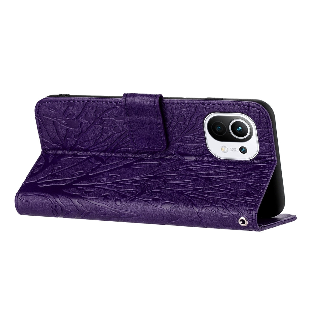 For Xiaomi 11 Lite Embossed Leather Phone Case with Tree Birds Pattern, Hand Strap, Card Holder & Adjustable Stand - Shockproof Wallet Cover