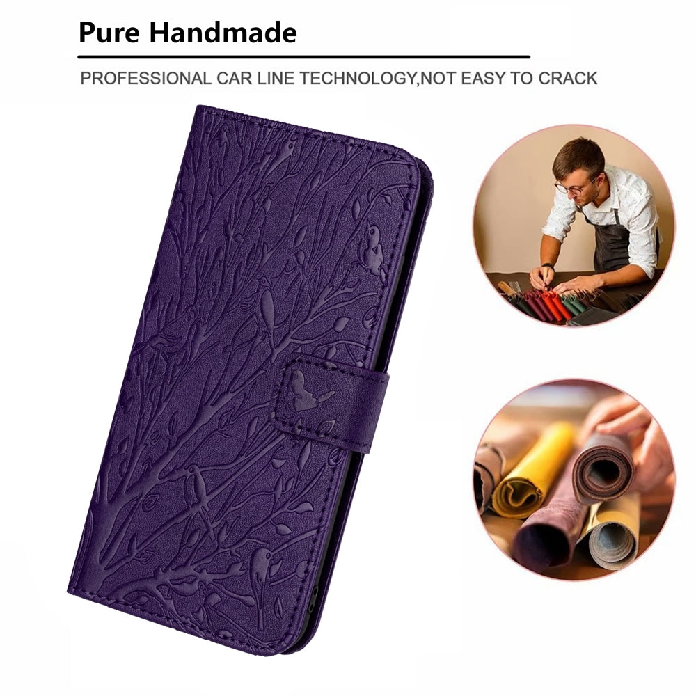 For Xiaomi 11 Lite Embossed Leather Phone Case with Tree Birds Pattern, Hand Strap, Card Holder & Adjustable Stand - Shockproof Wallet Cover