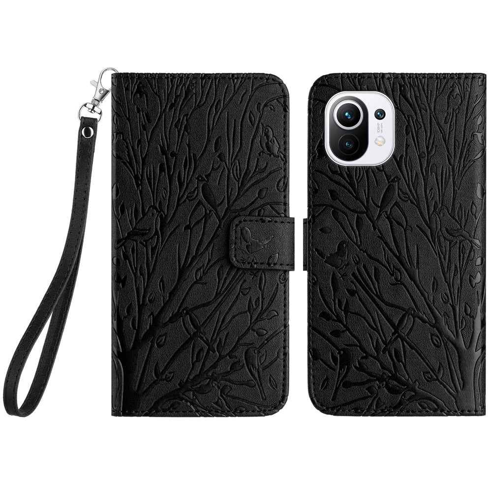 For Xiaomi 11 Lite Embossed Leather Phone Case with Tree Birds Pattern, Hand Strap, Card Holder & Adjustable Stand - Shockproof Wallet Cover