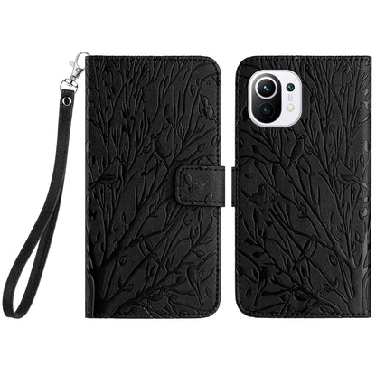 For Xiaomi 11 Lite Embossed Leather Phone Case with Tree Birds Pattern, Hand Strap, Card Holder & Adjustable Stand - Shockproof Wallet Cover
