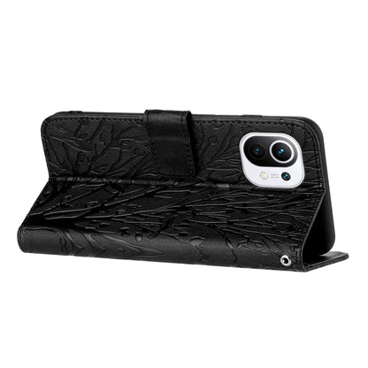 For Xiaomi 11 Lite Embossed Leather Phone Case with Tree Birds Pattern, Hand Strap, Card Holder & Adjustable Stand - Shockproof Wallet Cover
