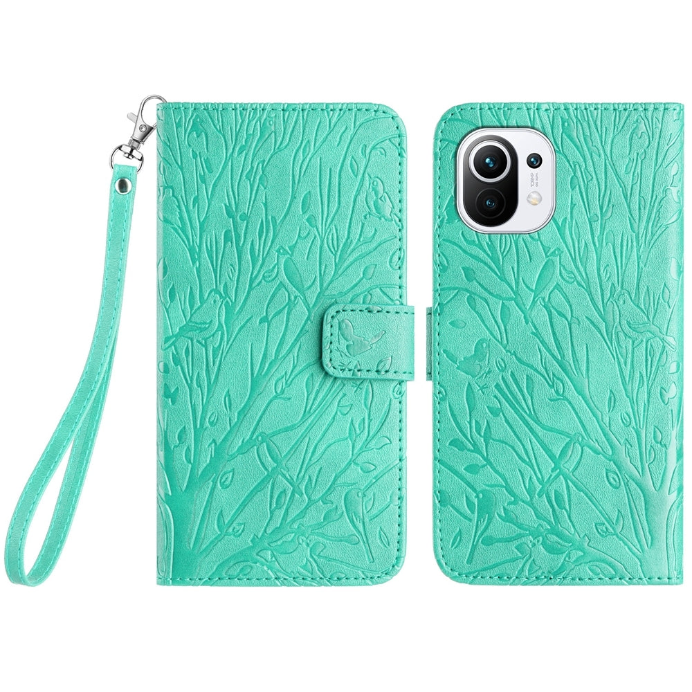 For Xiaomi 11 Lite Embossed Leather Phone Case with Tree Birds Pattern, Hand Strap, Card Holder & Adjustable Stand - Shockproof Wallet Cover
