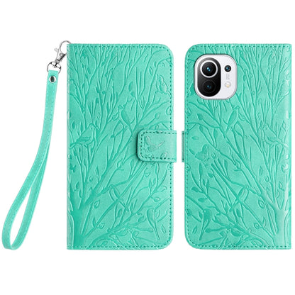 For Xiaomi 11 Lite Embossed Leather Phone Case with Tree Birds Pattern, Hand Strap, Card Holder & Adjustable Stand - Shockproof Wallet Cover