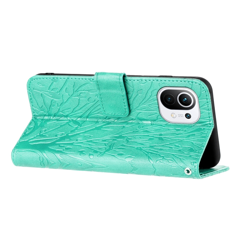 For Xiaomi 11 Lite Embossed Leather Phone Case with Tree Birds Pattern, Hand Strap, Card Holder & Adjustable Stand - Shockproof Wallet Cover