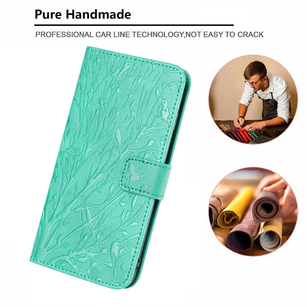 For Xiaomi 11 Lite Embossed Leather Phone Case with Tree Birds Pattern, Hand Strap, Card Holder & Adjustable Stand - Shockproof Wallet Cover