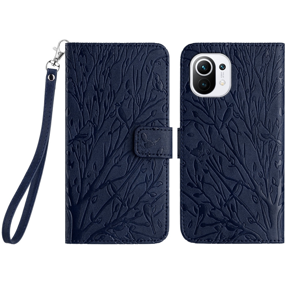For Xiaomi 11 Lite Embossed Leather Phone Case with Tree Birds Pattern, Hand Strap, Card Holder & Adjustable Stand - Shockproof Wallet Cover