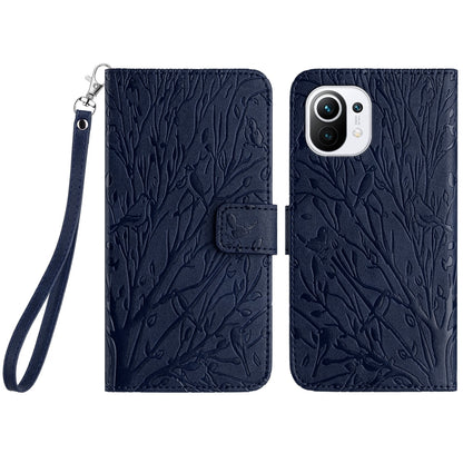 For Xiaomi 11 Lite Embossed Leather Phone Case with Tree Birds Pattern, Hand Strap, Card Holder & Adjustable Stand - Shockproof Wallet Cover