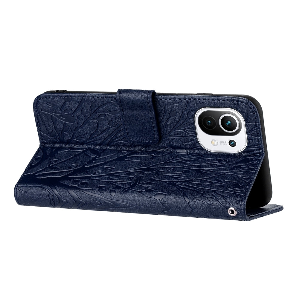 For Xiaomi 11 Lite Embossed Leather Phone Case with Tree Birds Pattern, Hand Strap, Card Holder & Adjustable Stand - Shockproof Wallet Cover