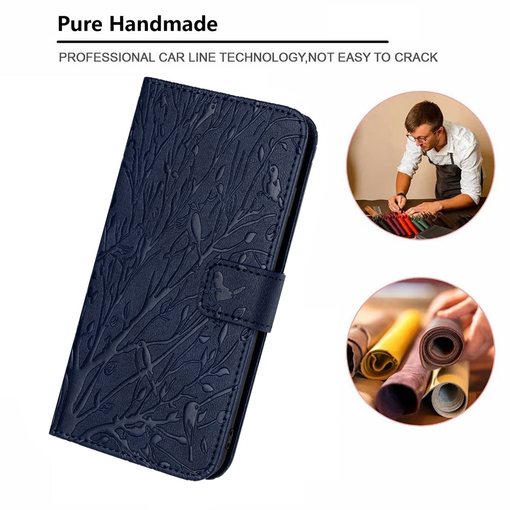 For Xiaomi 11 Lite Embossed Leather Phone Case with Tree Birds Pattern, Hand Strap, Card Holder & Adjustable Stand - Shockproof Wallet Cover