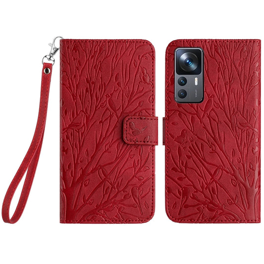 Xiaomi 12T Embossed Leather Phone Case with Tree Birds Pattern, Hand Strap, Card Holder & Adjustable Stand - Shockproof Wallet Cover