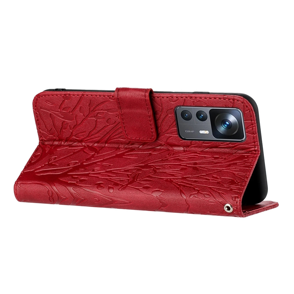 Xiaomi 12T Embossed Leather Phone Case with Tree Birds Pattern, Hand Strap, Card Holder & Adjustable Stand - Shockproof Wallet Cover