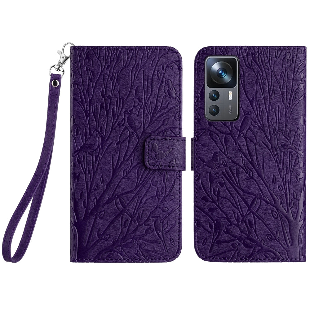Xiaomi 12T Embossed Leather Phone Case with Tree Birds Pattern, Hand Strap, Card Holder & Adjustable Stand - Shockproof Wallet Cover