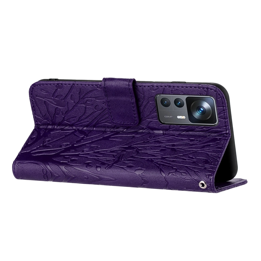 Xiaomi 12T Embossed Leather Phone Case with Tree Birds Pattern, Hand Strap, Card Holder & Adjustable Stand - Shockproof Wallet Cover