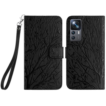 Xiaomi 12T Embossed Leather Phone Case with Tree Birds Pattern, Hand Strap, Card Holder & Adjustable Stand - Shockproof Wallet Cover
