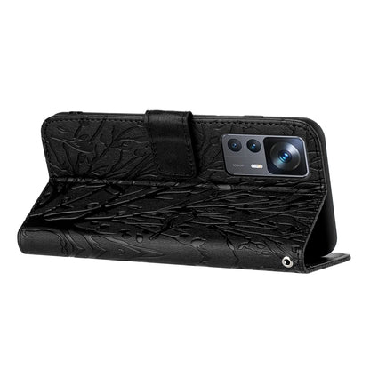 Xiaomi 12T Embossed Leather Phone Case with Tree Birds Pattern, Hand Strap, Card Holder & Adjustable Stand - Shockproof Wallet Cover