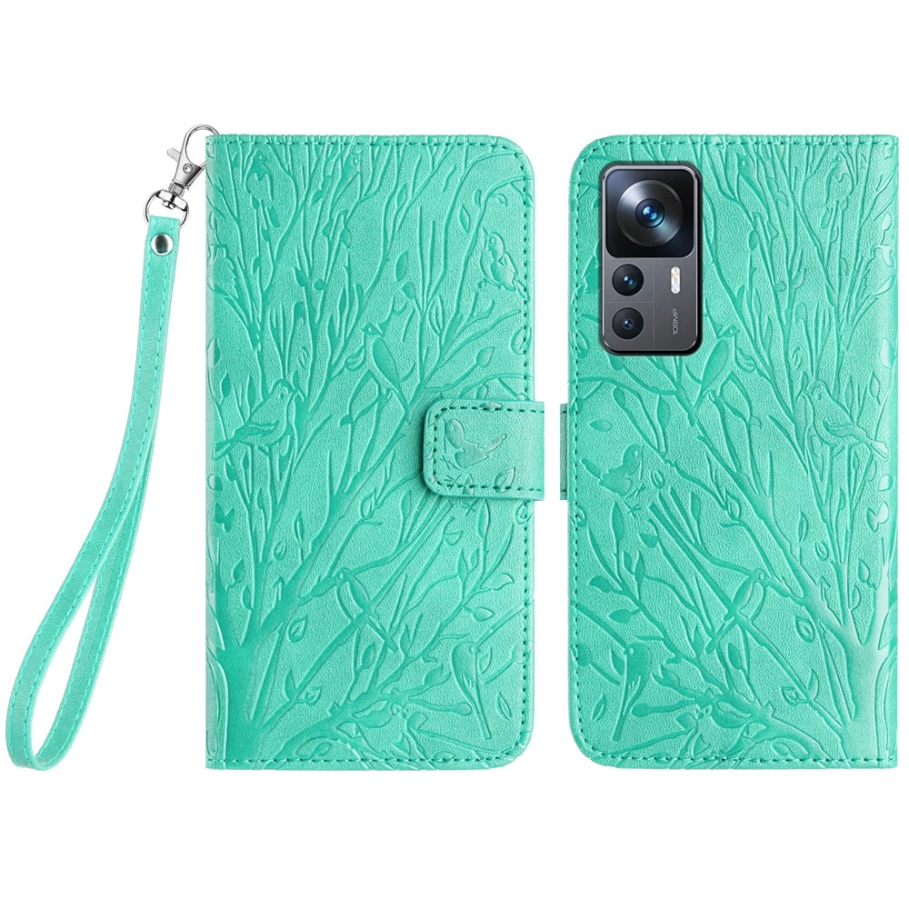 Xiaomi 12T Embossed Leather Phone Case with Tree Birds Pattern, Hand Strap, Card Holder & Adjustable Stand - Shockproof Wallet Cover