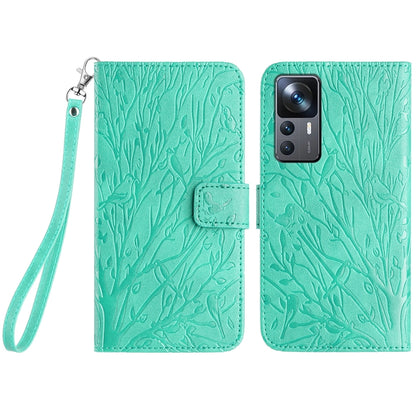 Xiaomi 12T Embossed Leather Phone Case with Tree Birds Pattern, Hand Strap, Card Holder & Adjustable Stand - Shockproof Wallet Cover