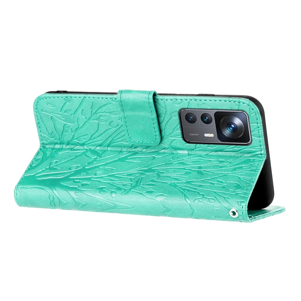 Xiaomi 12T Embossed Leather Phone Case with Tree Birds Pattern, Hand Strap, Card Holder & Adjustable Stand - Shockproof Wallet Cover