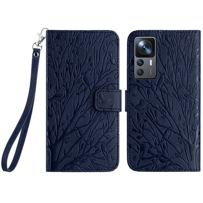 Xiaomi 12T Embossed Leather Phone Case with Tree Birds Pattern, Hand Strap, Card Holder & Adjustable Stand - Shockproof Wallet Cover