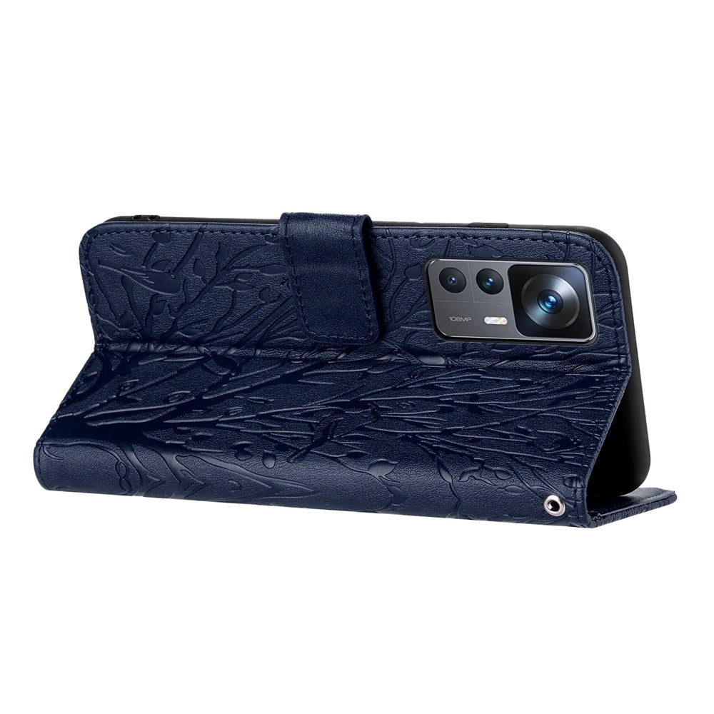 Xiaomi 12T Embossed Leather Phone Case with Tree Birds Pattern, Hand Strap, Card Holder & Adjustable Stand - Shockproof Wallet Cover