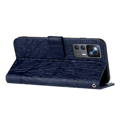 Xiaomi 12T Embossed Leather Phone Case with Tree Birds Pattern, Hand Strap, Card Holder & Adjustable Stand - Shockproof Wallet Cover