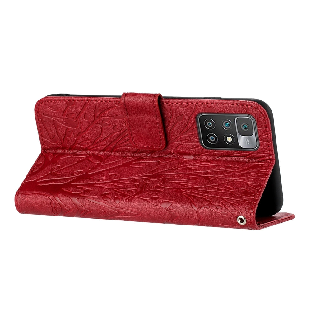 Xiaomi Redmi 10 Embossed Leather Phone Case with Tree Birds Pattern, Hand Strap, Card Holder & Adjustable Stand - Shockproof Wallet Cover
