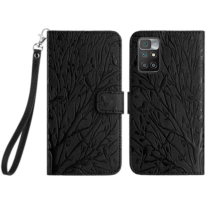 Xiaomi Redmi 10 Embossed Leather Phone Case with Tree Birds Pattern, Hand Strap, Card Holder & Adjustable Stand - Shockproof Wallet Cover