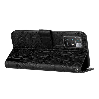 Xiaomi Redmi 10 Embossed Leather Phone Case with Tree Birds Pattern, Hand Strap, Card Holder & Adjustable Stand - Shockproof Wallet Cover