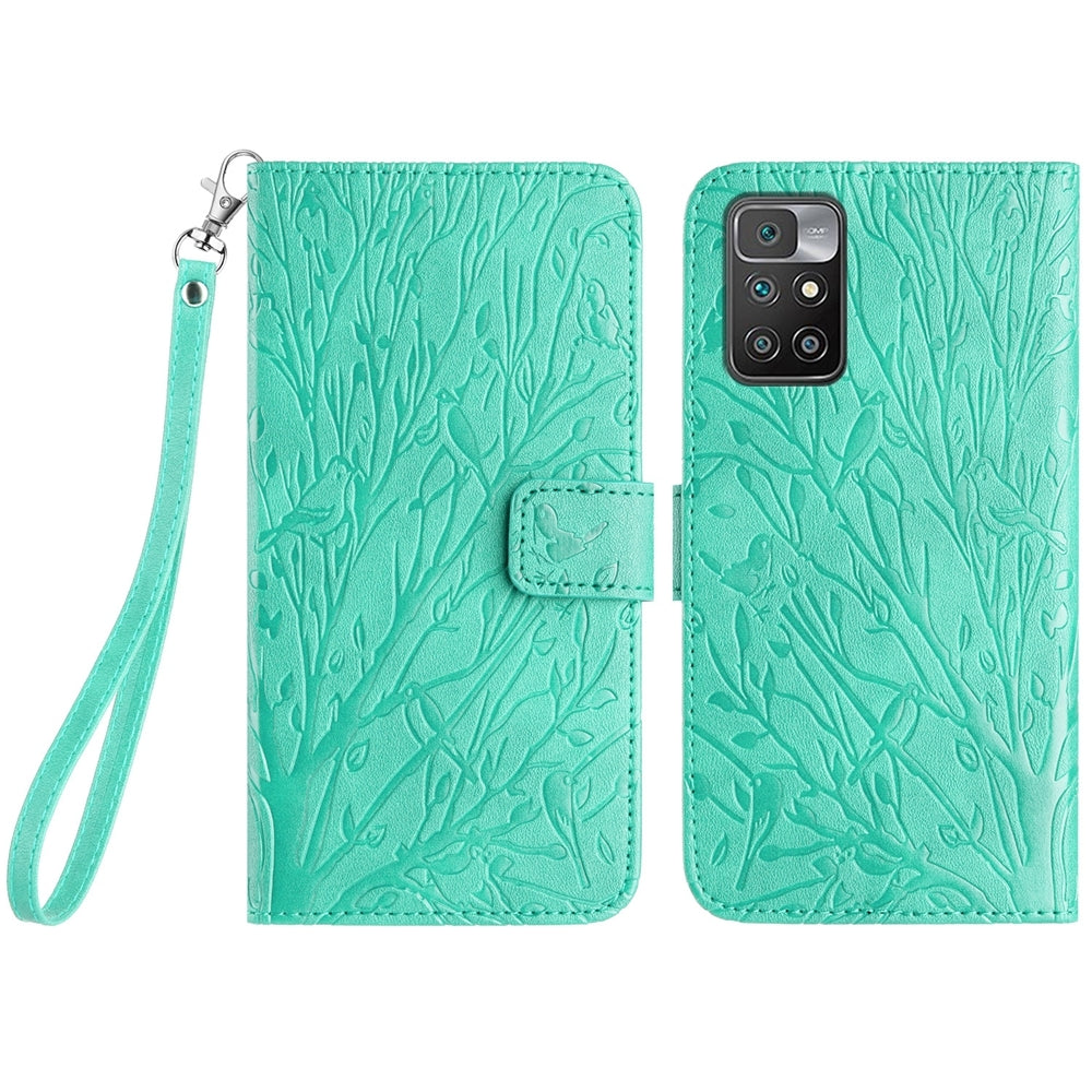Xiaomi Redmi 10 Embossed Leather Phone Case with Tree Birds Pattern, Hand Strap, Card Holder & Adjustable Stand - Shockproof Wallet Cover