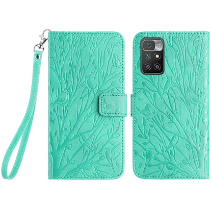 Xiaomi Redmi 10 Embossed Leather Phone Case with Tree Birds Pattern, Hand Strap, Card Holder & Adjustable Stand - Shockproof Wallet Cover