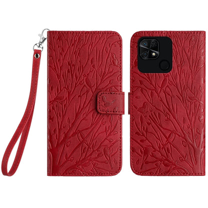 Xiaomi Redmi 10C Embossed Leather Phone Case with Tree Birds Pattern, Hand Strap, Card Holder & Adjustable Stand - Shockproof Wallet Cover