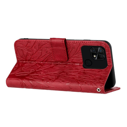 Xiaomi Redmi 10C Embossed Leather Phone Case with Tree Birds Pattern, Hand Strap, Card Holder & Adjustable Stand - Shockproof Wallet Cover