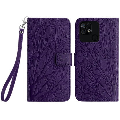Xiaomi Redmi 10C Embossed Leather Phone Case with Tree Birds Pattern, Hand Strap, Card Holder & Adjustable Stand - Shockproof Wallet Cover