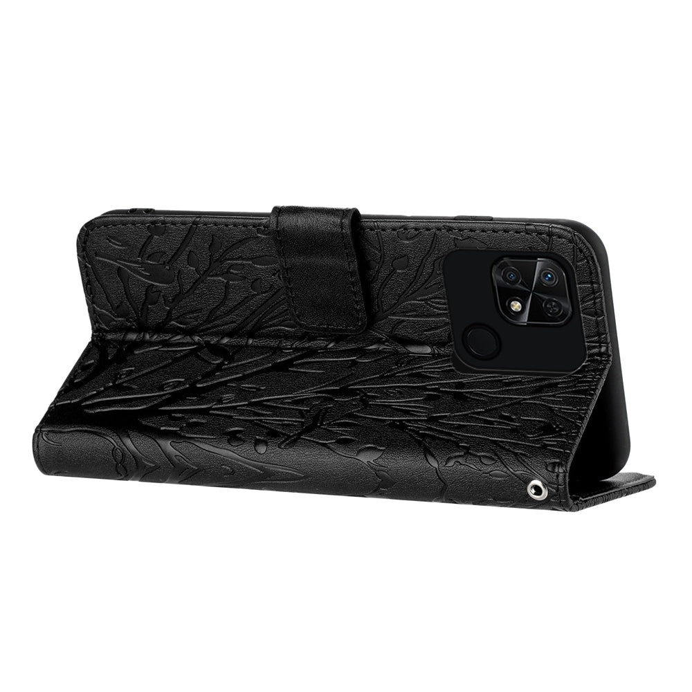 Xiaomi Redmi 10C Embossed Leather Phone Case with Tree Birds Pattern, Hand Strap, Card Holder & Adjustable Stand - Shockproof Wallet Cover