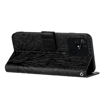 Xiaomi Redmi 10C Embossed Leather Phone Case with Tree Birds Pattern, Hand Strap, Card Holder & Adjustable Stand - Shockproof Wallet Cover