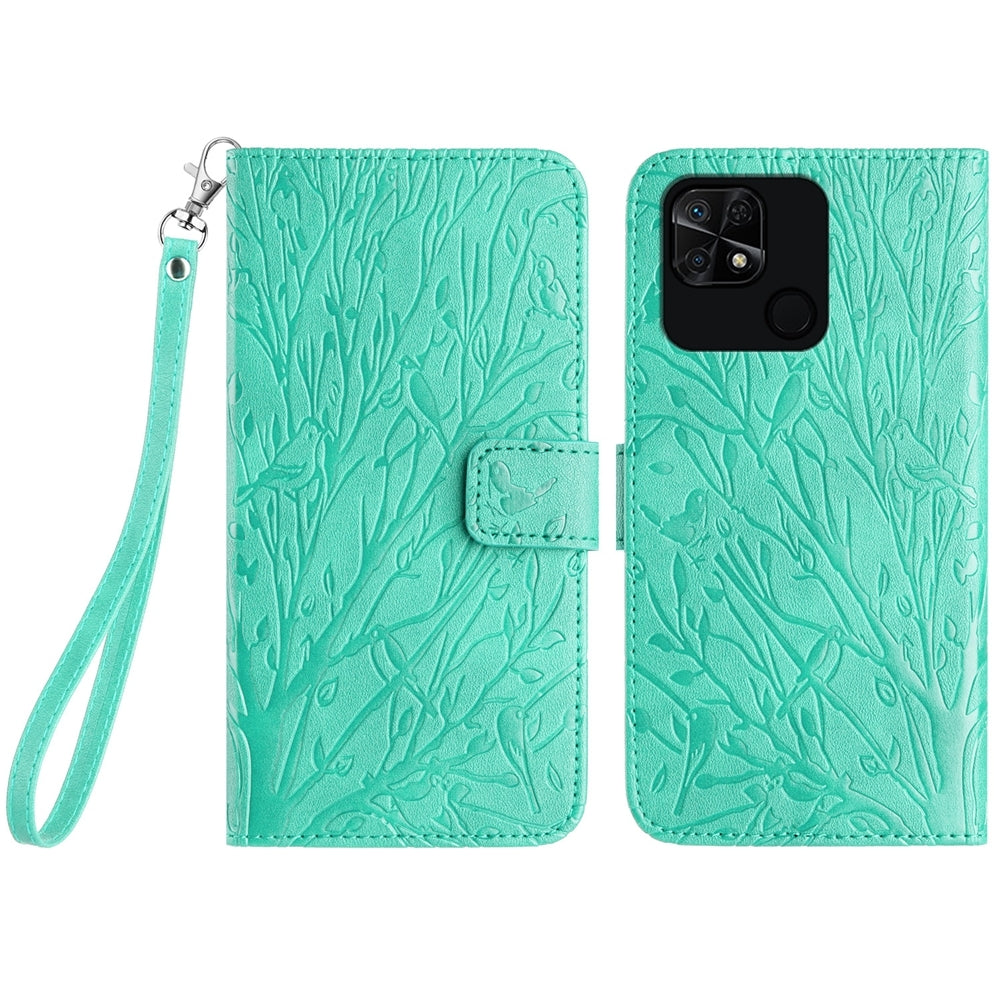 Xiaomi Redmi 10C Embossed Leather Phone Case with Tree Birds Pattern, Hand Strap, Card Holder & Adjustable Stand - Shockproof Wallet Cover