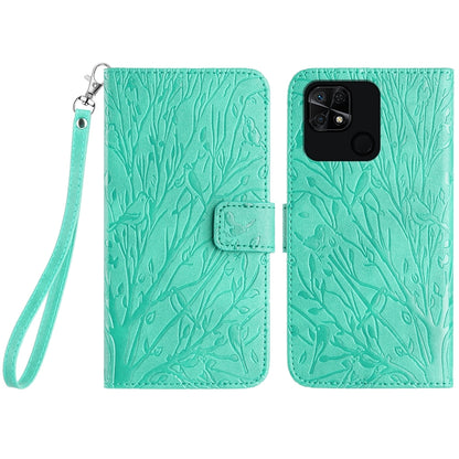 Xiaomi Redmi 10C Embossed Leather Phone Case with Tree Birds Pattern, Hand Strap, Card Holder & Adjustable Stand - Shockproof Wallet Cover