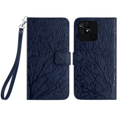 Xiaomi Redmi 10C Embossed Leather Phone Case with Tree Birds Pattern, Hand Strap, Card Holder & Adjustable Stand - Shockproof Wallet Cover