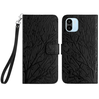 Xiaomi Redmi A1/A2 Embossed Leather Phone Case with Tree Birds Pattern, Hand Strap, Card Holder & Adjustable Stand - Shockproof Wallet Cover