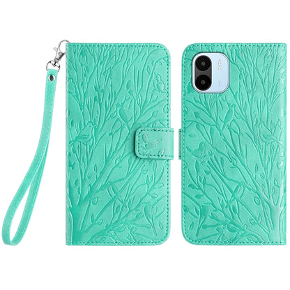 Xiaomi Redmi A1/A2 Embossed Leather Phone Case with Tree Birds Pattern, Hand Strap, Card Holder & Adjustable Stand - Shockproof Wallet Cover