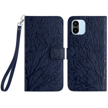 Xiaomi Redmi A1/A2 Embossed Leather Phone Case with Tree Birds Pattern, Hand Strap, Card Holder & Adjustable Stand - Shockproof Wallet Cover