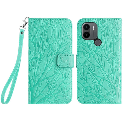 Xiaomi Redmi A1+/A2+ Embossed Leather Phone Case with Tree Birds Pattern, Hand Strap, Card Holder & Adjustable Stand - Shockproof Wallet Cover