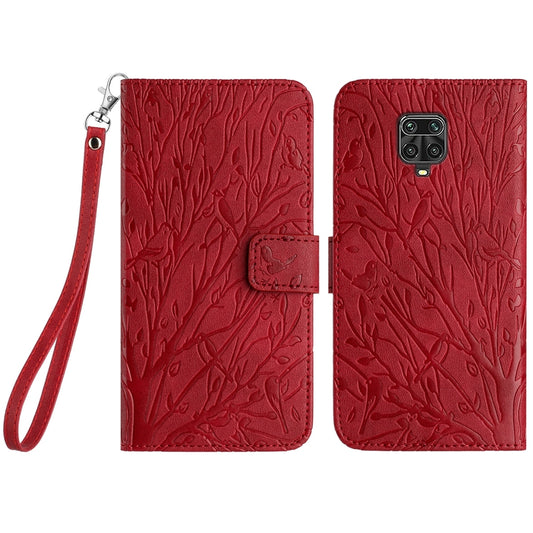 Xiaomi Redmi Note 9S Embossed Leather Phone Case with Tree Birds Pattern, Hand Strap, Card Holder & Adjustable Stand - Shockproof Wallet Cover