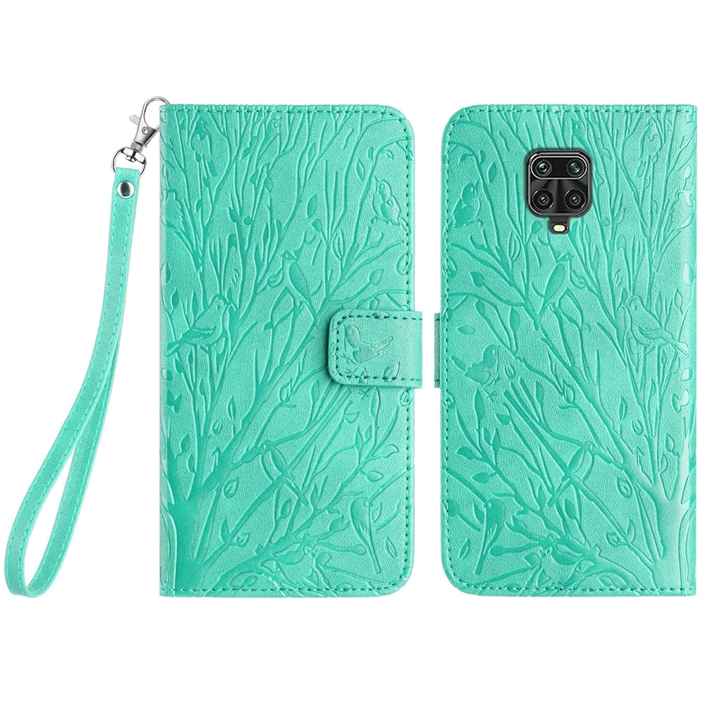 Xiaomi Redmi Note 9S Embossed Leather Phone Case with Tree Birds Pattern, Hand Strap, Card Holder & Adjustable Stand - Shockproof Wallet Cover
