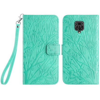 Xiaomi Redmi Note 9S Embossed Leather Phone Case with Tree Birds Pattern, Hand Strap, Card Holder & Adjustable Stand - Shockproof Wallet Cover