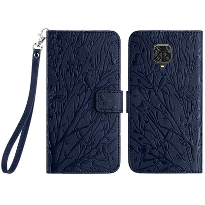Xiaomi Redmi Note 9S Embossed Leather Phone Case with Tree Birds Pattern, Hand Strap, Card Holder & Adjustable Stand - Shockproof Wallet Cover