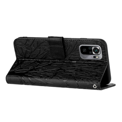 Xiaomi Redmi Note 10 4G Embossed Leather Phone Case with Tree Birds Pattern, Hand Strap, Card Holder & Adjustable Stand - Shockproof Wallet Cover