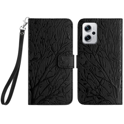 Xiaomi Redmi Note 11T Pro Embossed Leather Phone Case with Tree Birds Pattern, Hand Strap, Card Holder & Adjustable Stand - Shockproof Wallet Cover