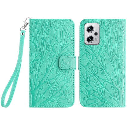 Xiaomi Redmi Note 11T Pro Embossed Leather Phone Case with Tree Birds Pattern, Hand Strap, Card Holder & Adjustable Stand - Shockproof Wallet Cover